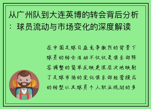 从广州队到大连英博的转会背后分析：球员流动与市场变化的深度解读