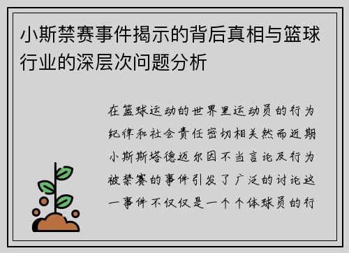 小斯禁赛事件揭示的背后真相与篮球行业的深层次问题分析