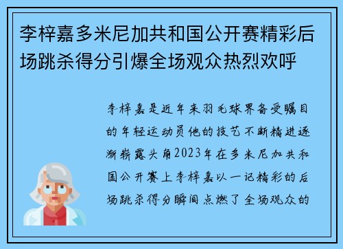 李梓嘉多米尼加共和国公开赛精彩后场跳杀得分引爆全场观众热烈欢呼